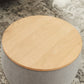 26" Gray and Natural Fabric And Wood Reversible Tray Top Round Storage Ottoman