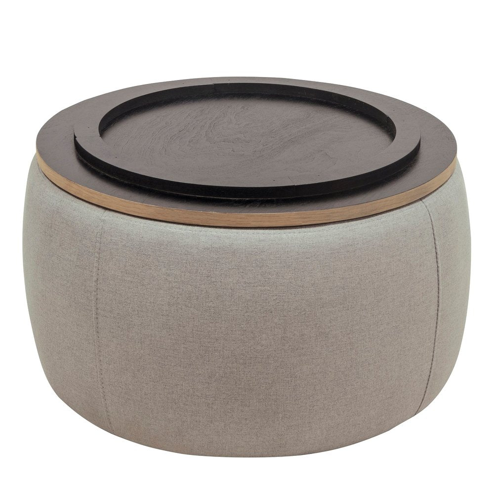 26" Gray and Natural Fabric And Wood Reversible Tray Top Round Storage Ottoman