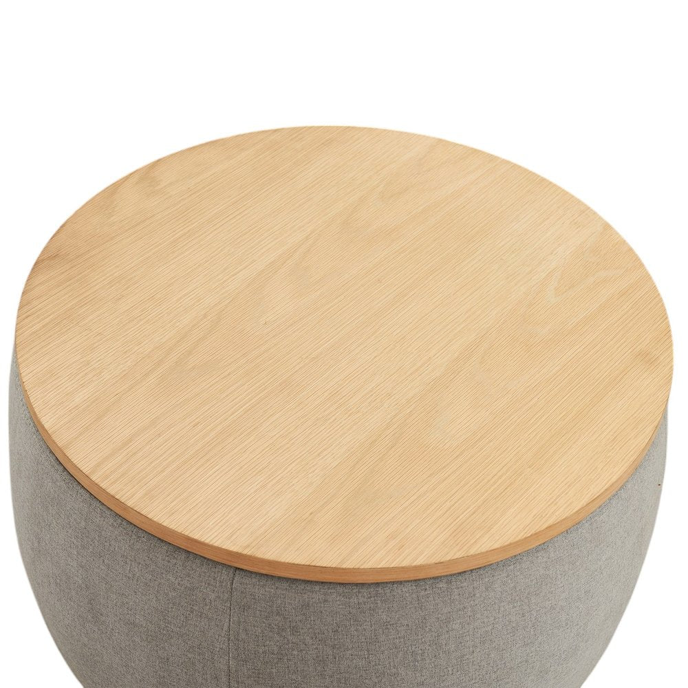 26" Gray and Natural Fabric And Wood Reversible Tray Top Round Storage Ottoman