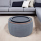 26" Dark Gray and Natural Fabric And Wood Reversible Tray Top Round Storage Ottoman