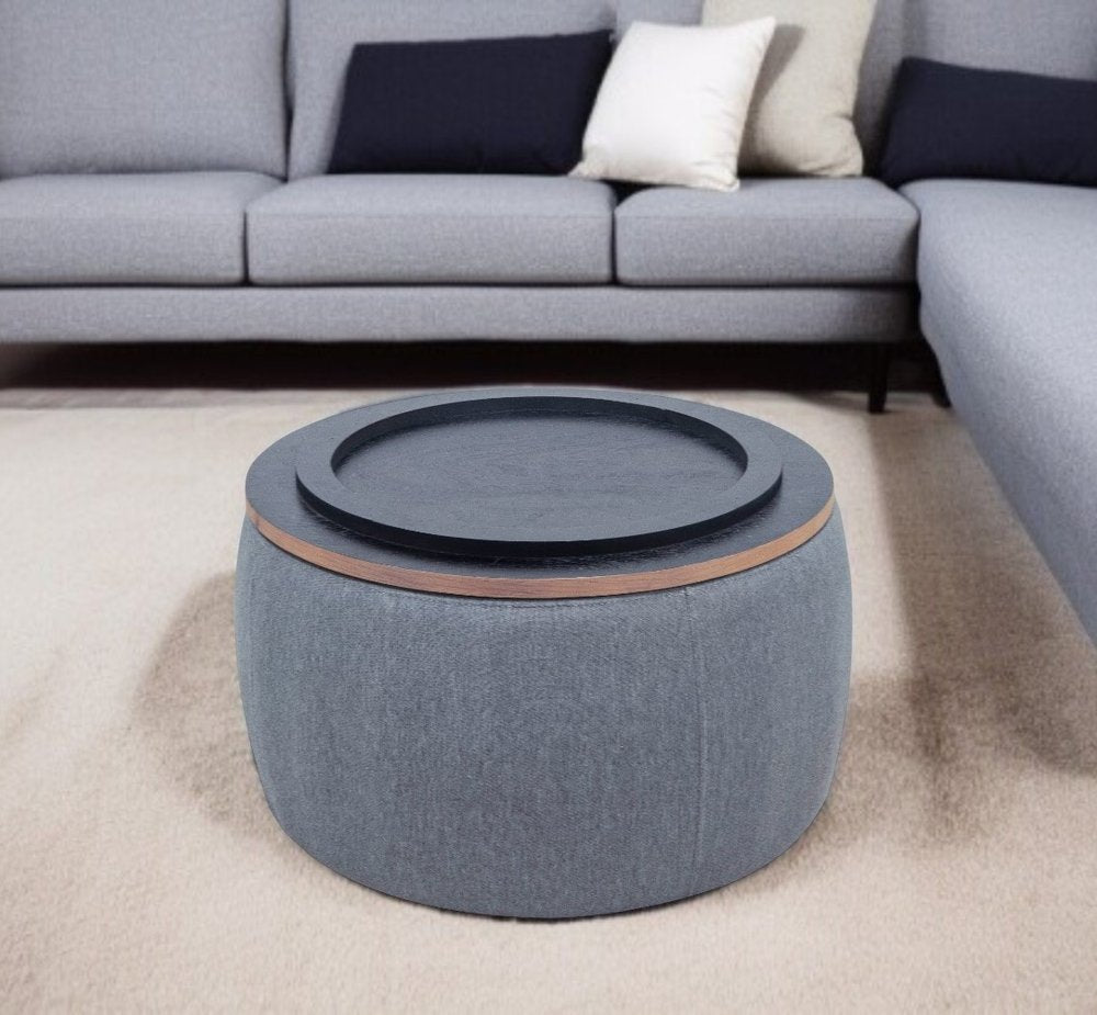26" Dark Gray and Natural Fabric And Wood Reversible Tray Top Round Storage Ottoman