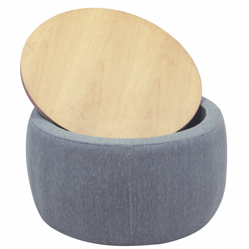 26" Dark Gray and Natural Fabric And Wood Reversible Tray Top Round Storage Ottoman