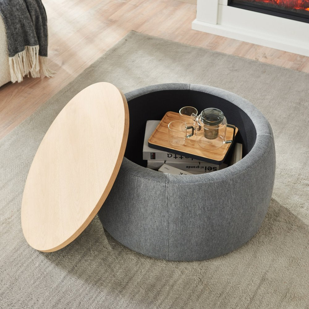 26" Dark Gray and Natural Fabric And Wood Reversible Tray Top Round Storage Ottoman
