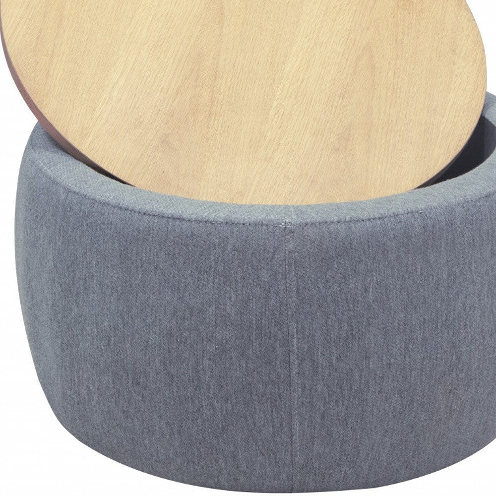 26" Dark Gray and Natural Fabric And Wood Reversible Tray Top Round Storage Ottoman