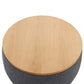 26" Dark Gray and Natural Fabric And Wood Reversible Tray Top Round Storage Ottoman