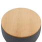 26" Dark Gray and Natural Fabric And Wood Reversible Tray Top Round Storage Ottoman