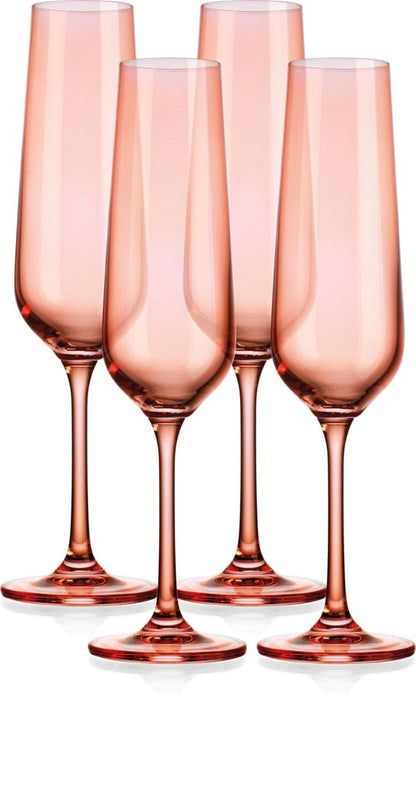 Set of Four Coral Crystal Narrow Stemmed Champagne Flutes