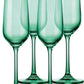 Set of Four Green Crystal Narrowing Shape Stemmed Flute