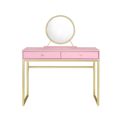42" Gold And Pink Wood Vanity Table With Mirror And Two Drawers