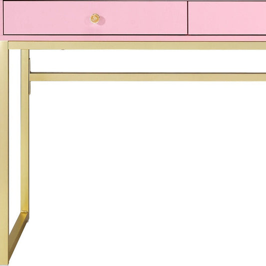 42" Gold And Pink Wood Vanity Table With Mirror And Two Drawers