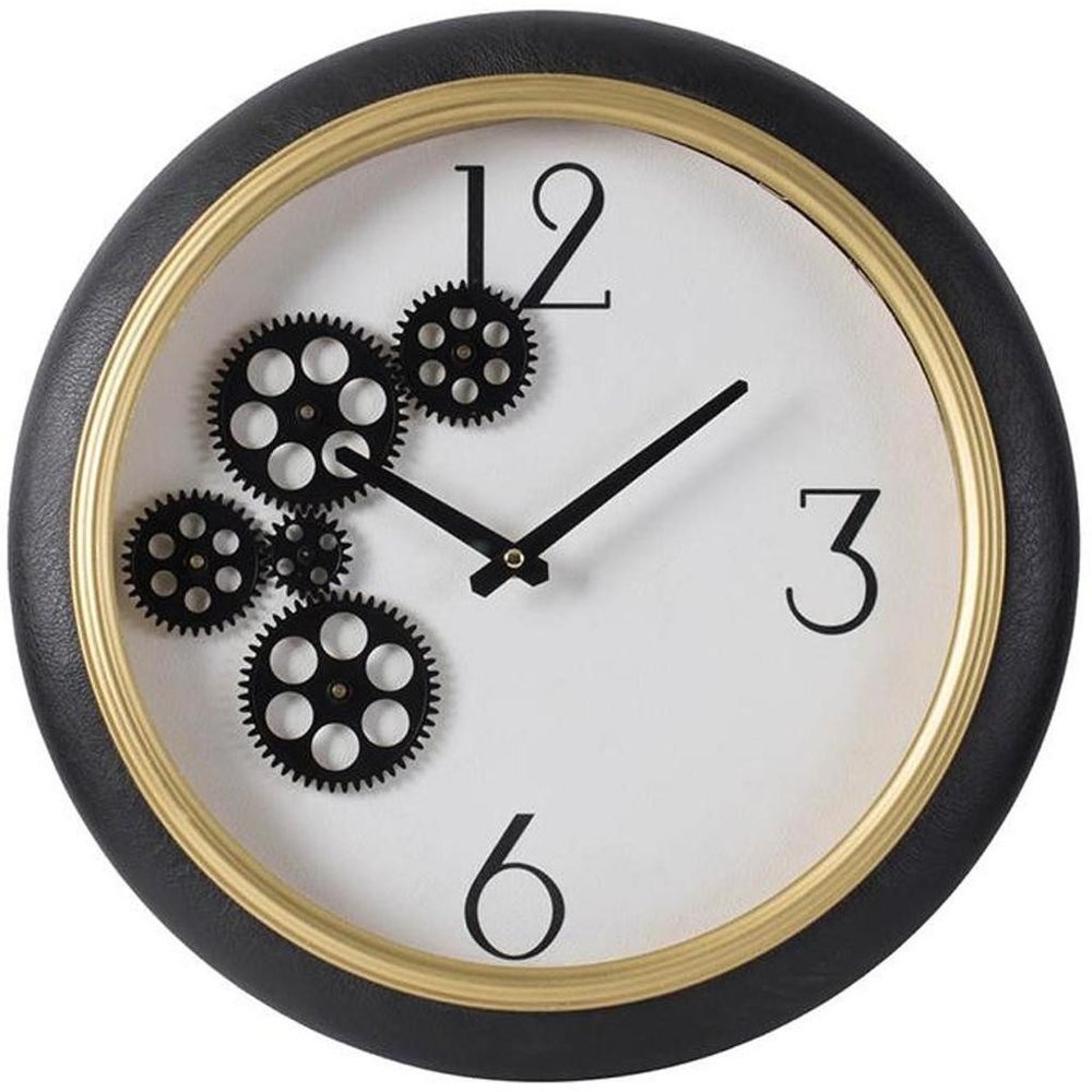 16" Black Gold And White Faux Leather And Iron Analog Exposed Gear Round Wall Clock