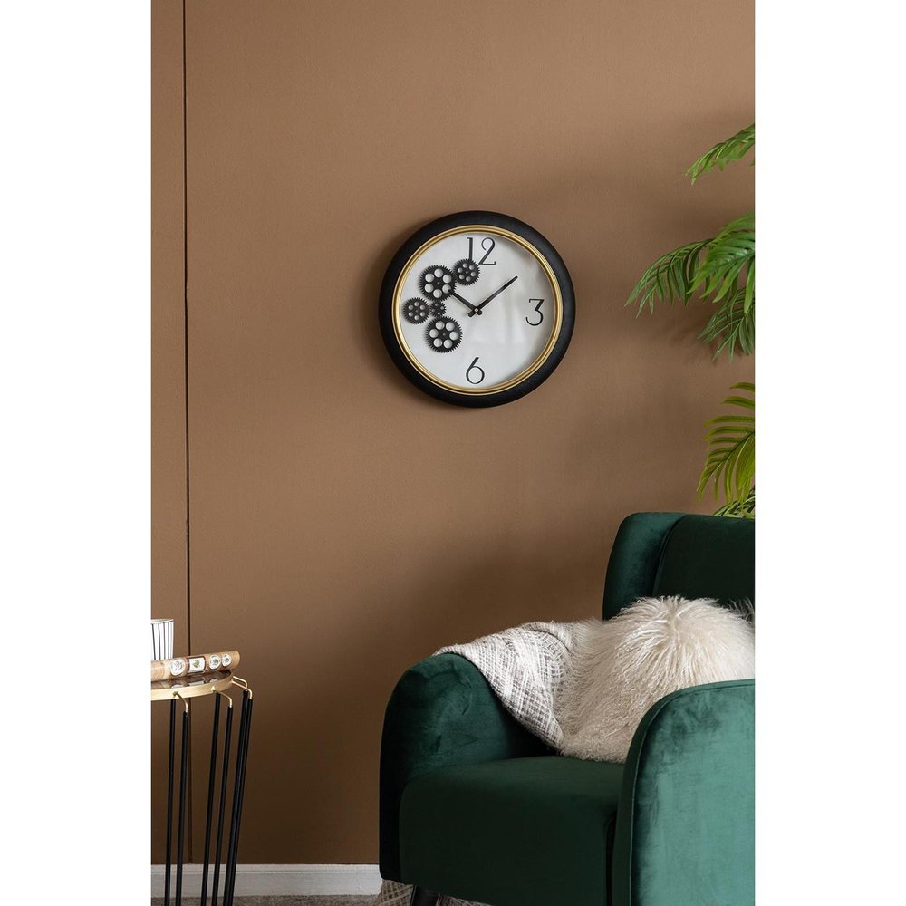 16" Black Gold And White Faux Leather And Iron Analog Exposed Gear Round Wall Clock