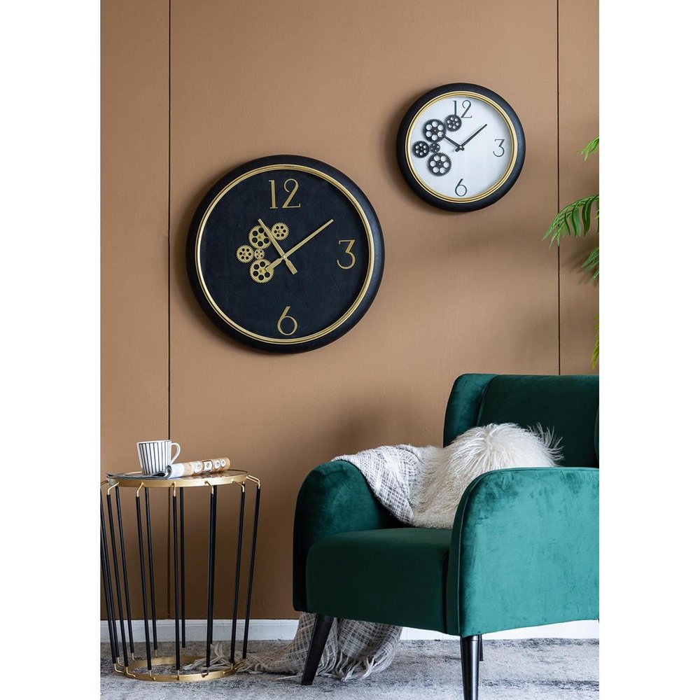 16" Black Gold And White Faux Leather And Iron Analog Exposed Gear Round Wall Clock