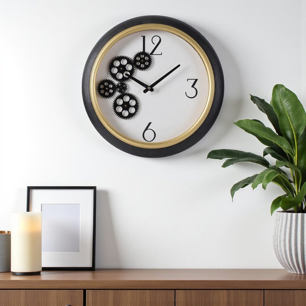 16" Black Gold And White Faux Leather And Iron Analog Exposed Gear Round Wall Clock