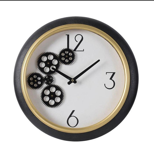 16" Black Gold And White Faux Leather And Iron Analog Exposed Gear Round Wall Clock