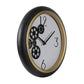 16" Black Gold And White Faux Leather And Iron Analog Exposed Gear Round Wall Clock