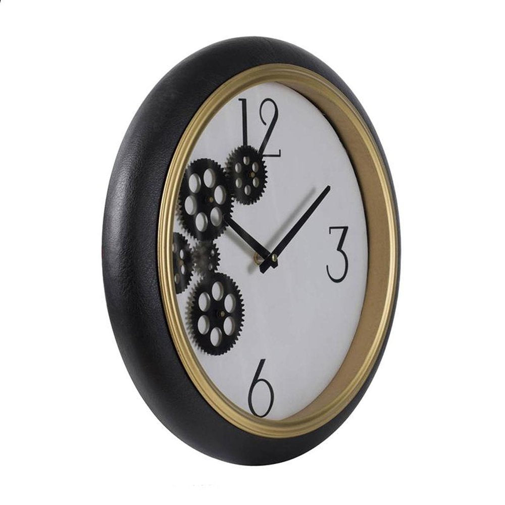 16" Black Gold And White Faux Leather And Iron Analog Exposed Gear Round Wall Clock