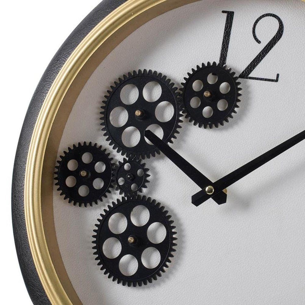 16" Black Gold And White Faux Leather And Iron Analog Exposed Gear Round Wall Clock