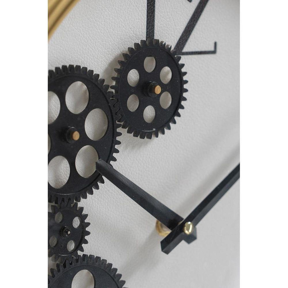 16" Black Gold And White Faux Leather And Iron Analog Exposed Gear Round Wall Clock