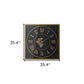 35" Black And Gold Glass And Metal Exposed Gear Square Wall Clock