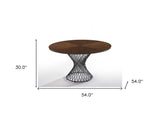 54" Brown And Black Rounded Solid Manufactured Wood And Iron Pedestal Base Dining Table