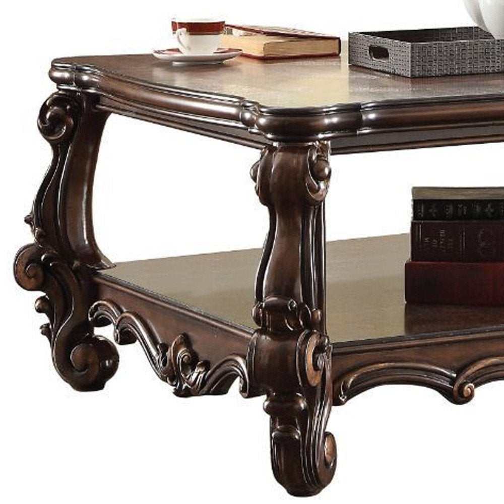 59" Brown and Dark Brown Wood Coffee Table With Shelf