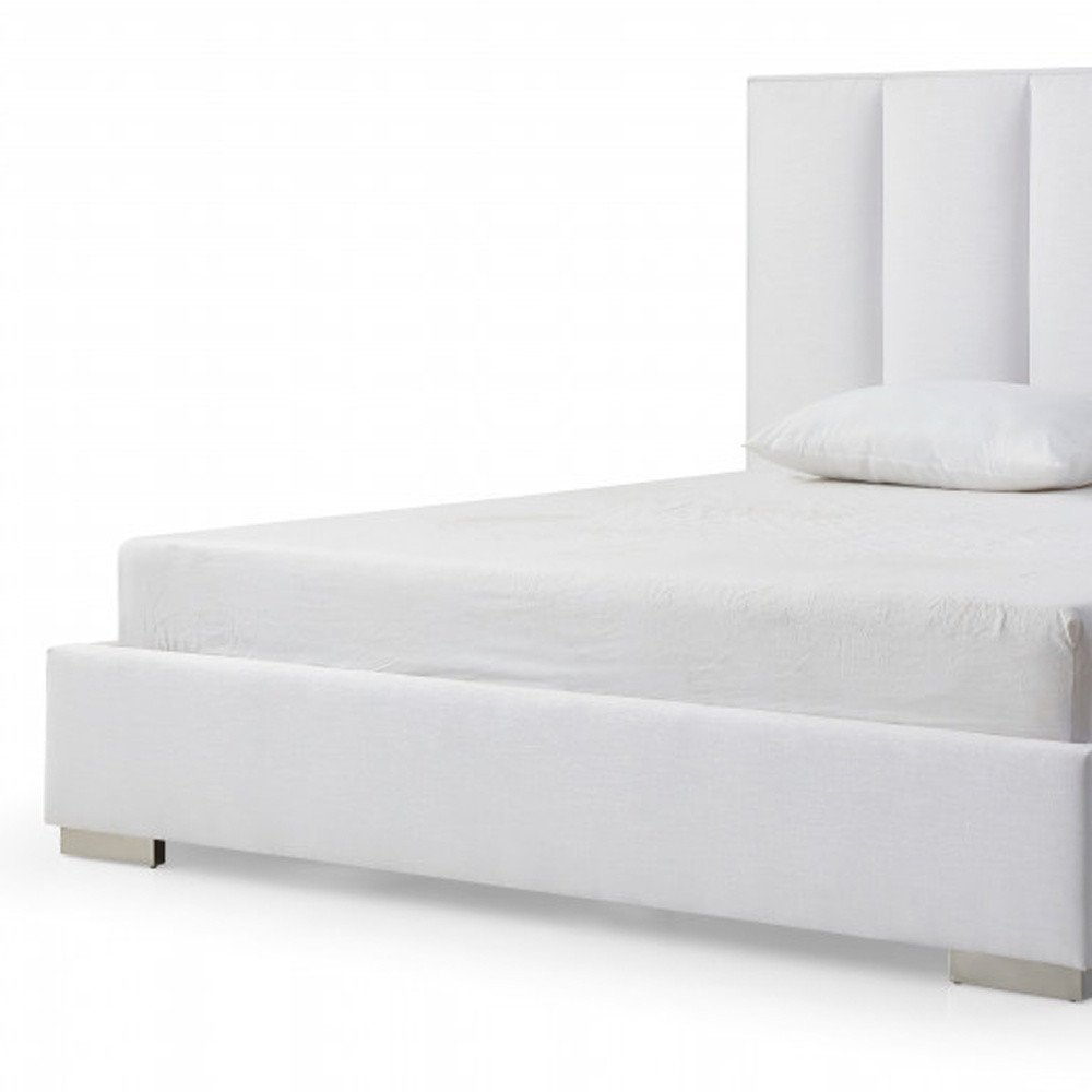 White Ribbed Texture Velvet Upholstered Queen Bed Frame