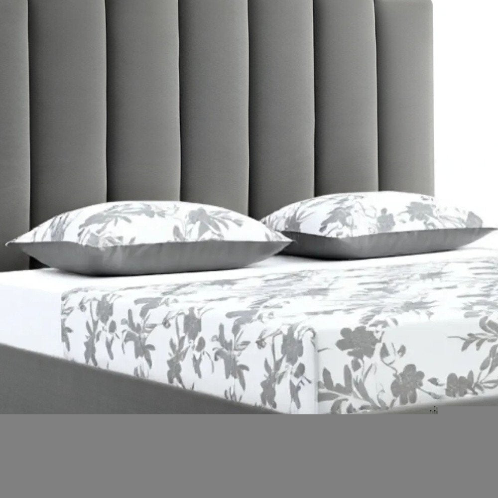 Queen Grey Upholstered Vertical Channel Velvet Bed with USB
