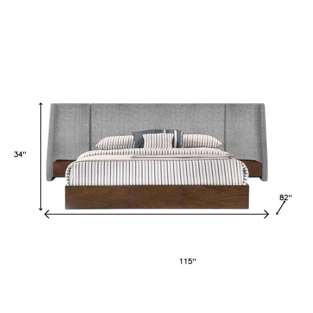 Brown and Gray Wood And Upholstery King Bed Frame With Attached Nightstands