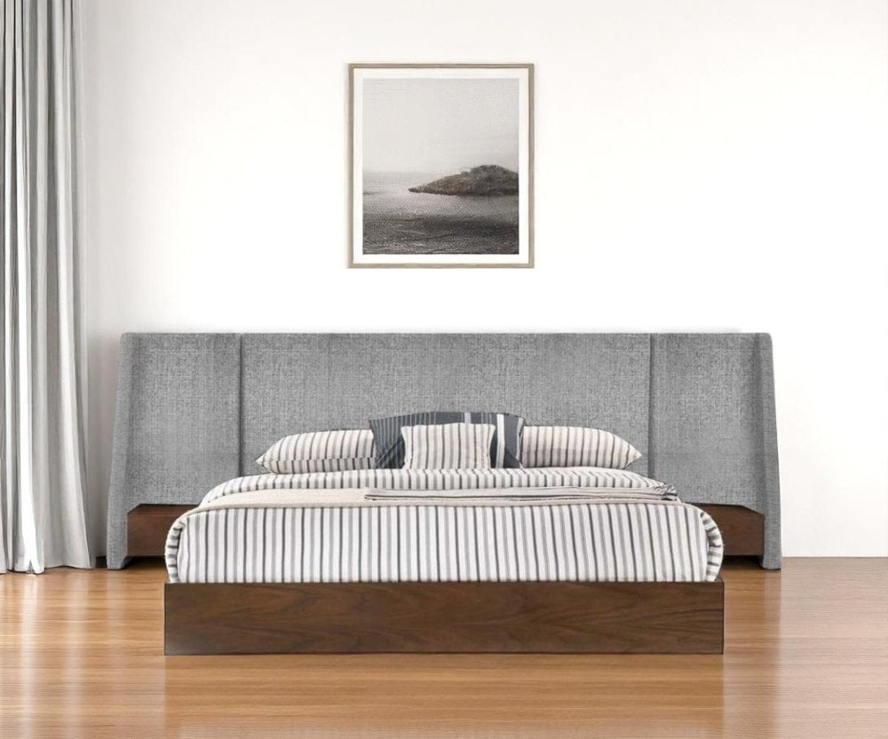 Brown and Gray Wood And Upholstery King Bed Frame With Attached Nightstands