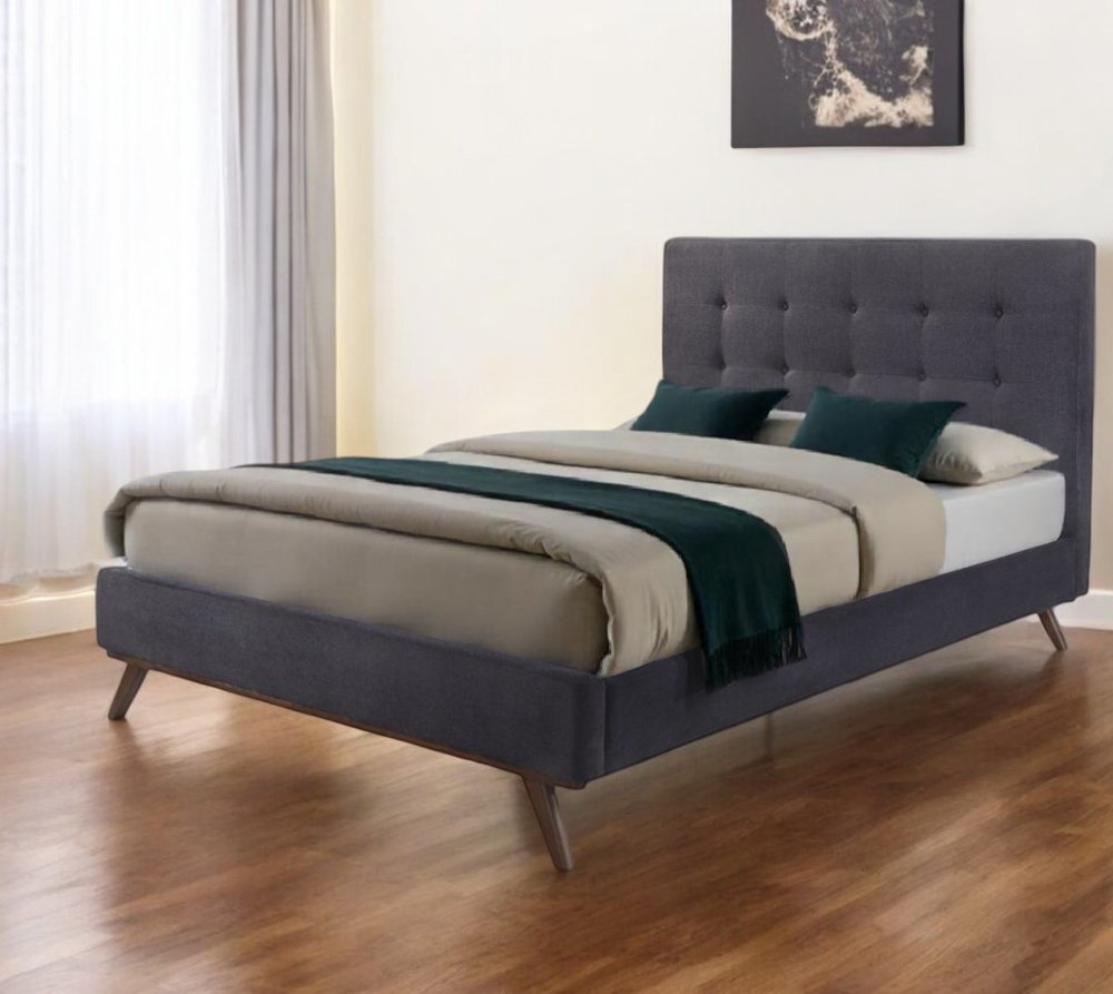Gray and Brown Wood And Tufted Polyester King Bed Frame
