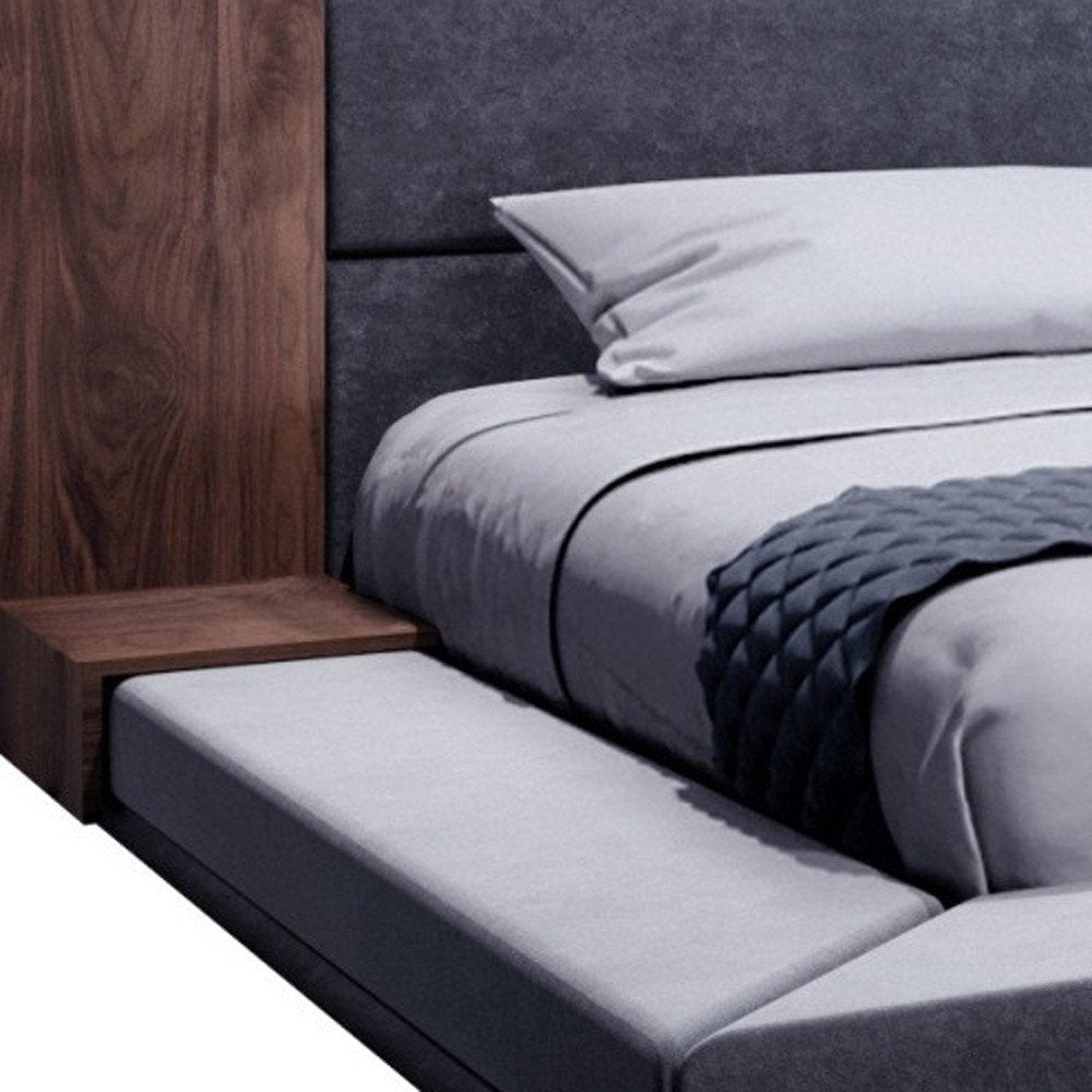 Gray and Walnut Wood And Upholstery Queen Bed Frame With Attached Nightstands