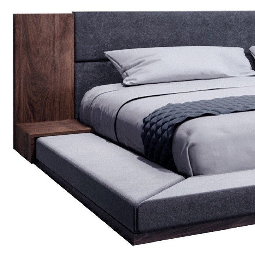 Gray and Walnut Wood And Upholstery Queen Bed Frame With Attached Nightstands