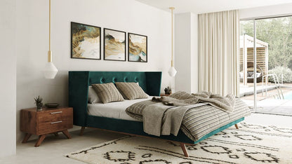 Green Wood And Tufted Velvet Queen Bed Frame