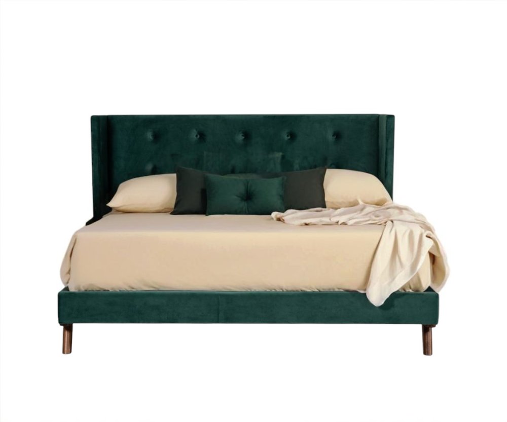 Green Wood And Tufted Velvet Queen Bed Frame