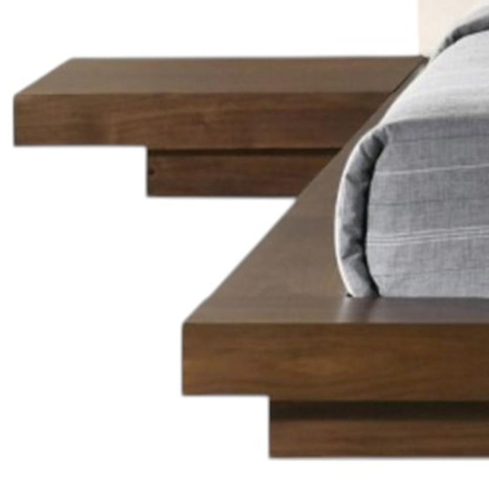 Walnut and White Wood And Faux Leather Queen Bed Frame With Attached Nightstands