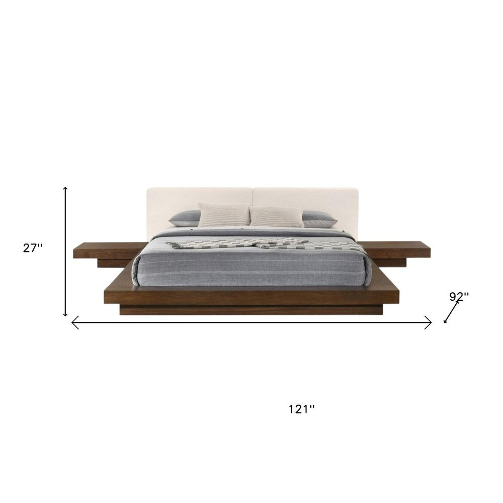 Walnut and White Wood And Faux Leather Queen Bed Frame With Attached Nightstands