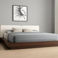 Walnut and White Wood And Faux Leather Queen Bed Frame With Attached Nightstands