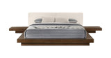 Walnut and White Wood And Faux Leather Queen Bed Frame With Attached Nightstands