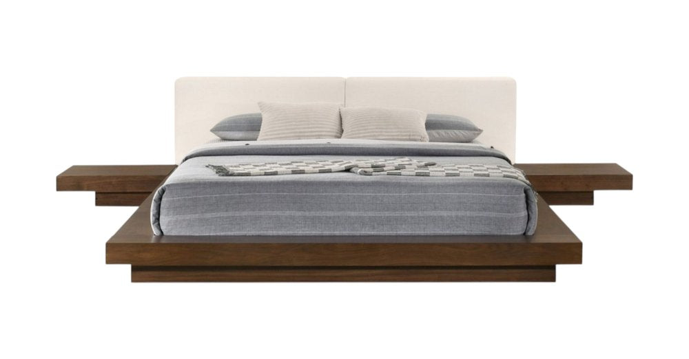 Walnut and White Wood And Faux Leather Queen Bed Frame With Attached Nightstands