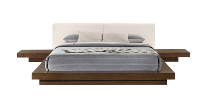 Walnut and White Wood And Faux Leather Queen Bed Frame With Attached Nightstands