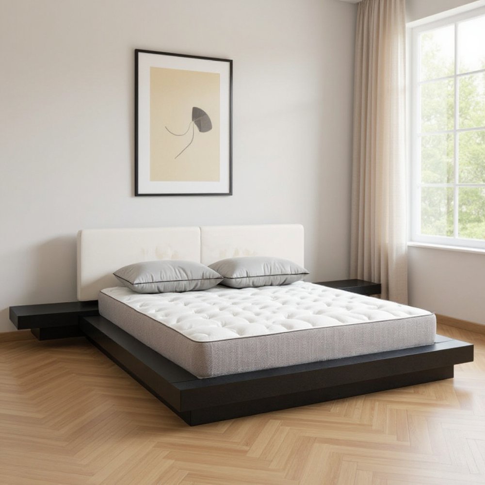 Black and White Solid Wood And Faux Leather Queen Bed Frame