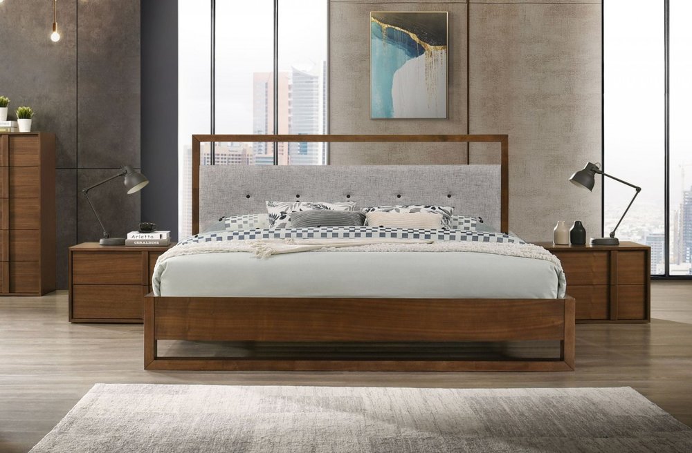 Brown and Gray Wood Tufted Upholstered King Bed Frame