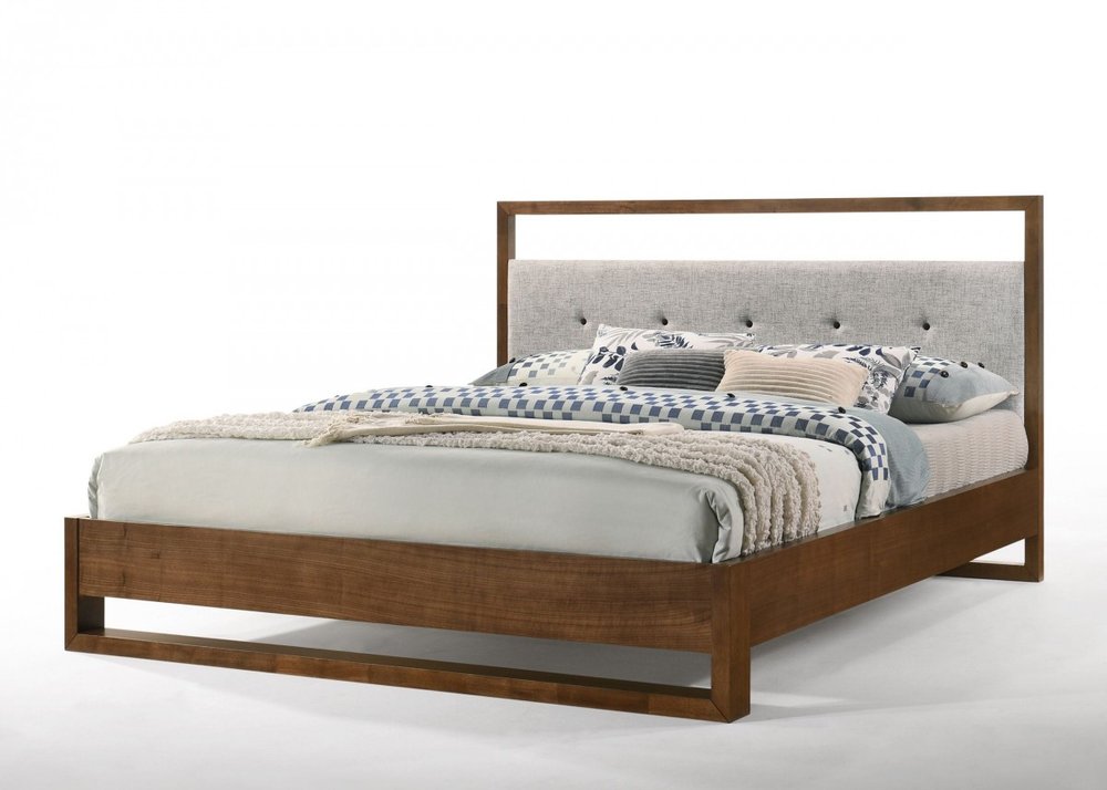 Brown and Gray Wood Tufted Upholstered California King Bed Frame