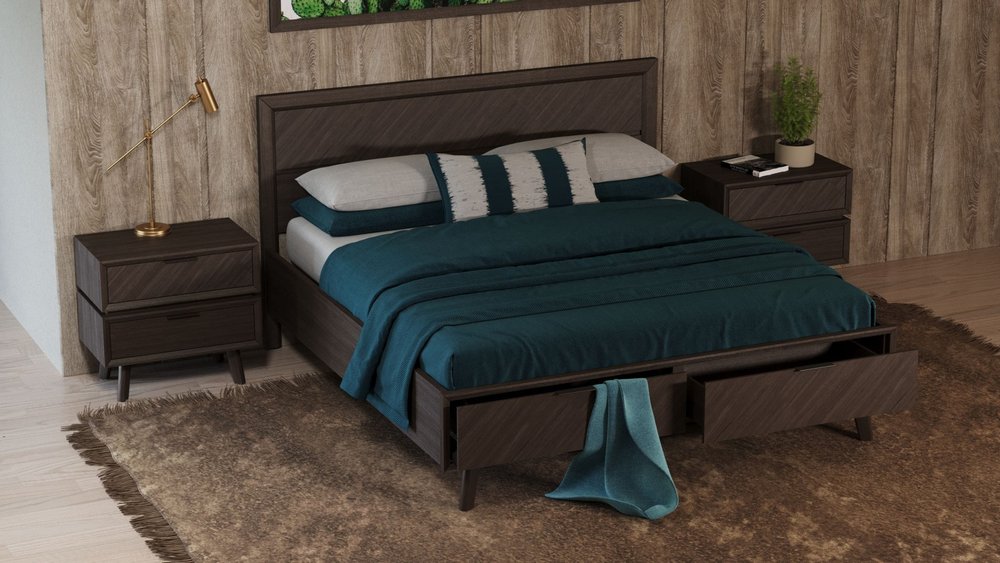 Dark Brown Solid Wood Queen With Two Drawers Bed Frame
