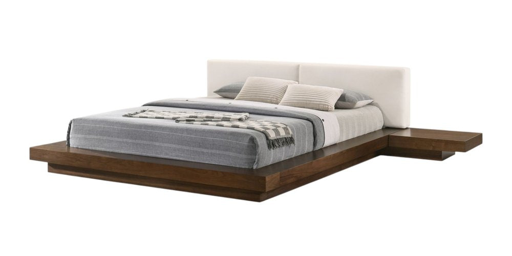 Walnut and White Wood And Faux Leather King Bed Frame With Attached Nightstands