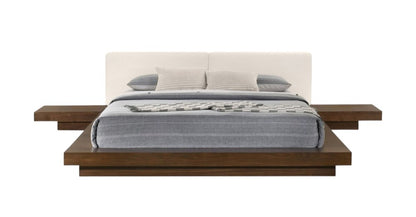 Walnut and White Wood And Faux Leather King Bed Frame With Attached Nightstands