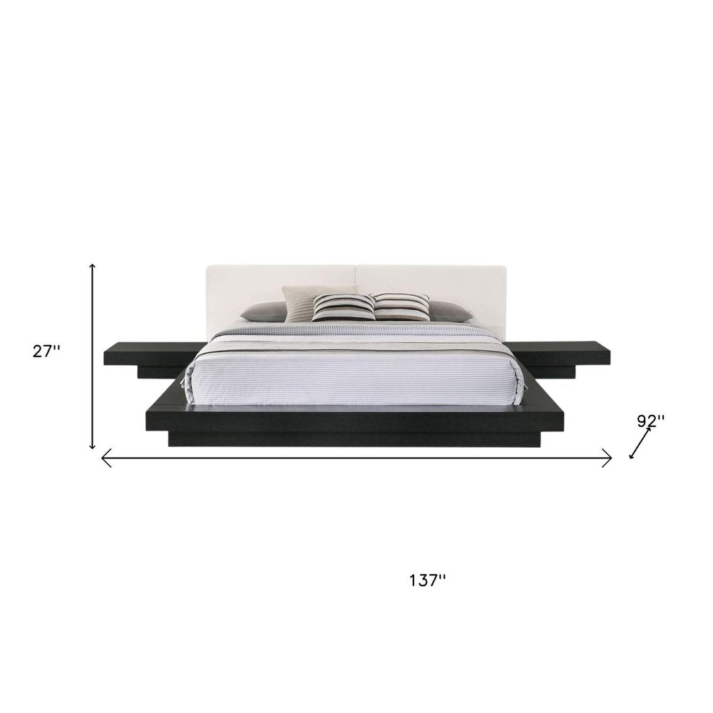 Black and White Wood And Faux Leather King Bed Frame With Attached Nightstands