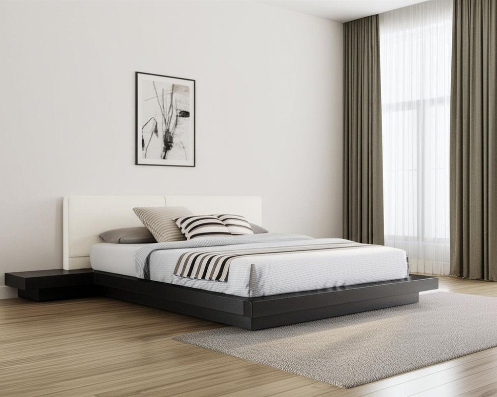 Black and White Wood And Faux Leather King Bed Frame With Attached Nightstands