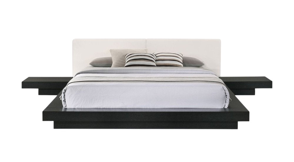 Black and White Wood And Faux Leather King Bed Frame With Attached Nightstands
